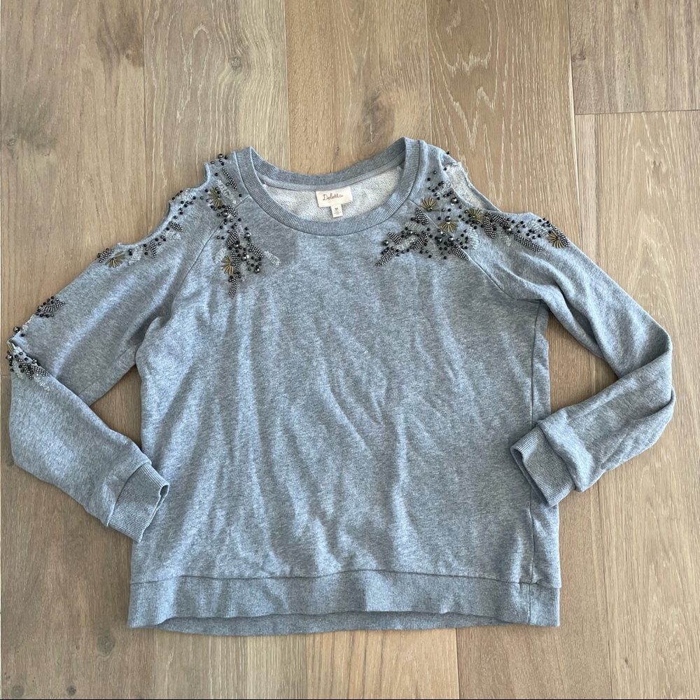 Anthropologie / Deletta beaded gray cold shoulder sweatshirt